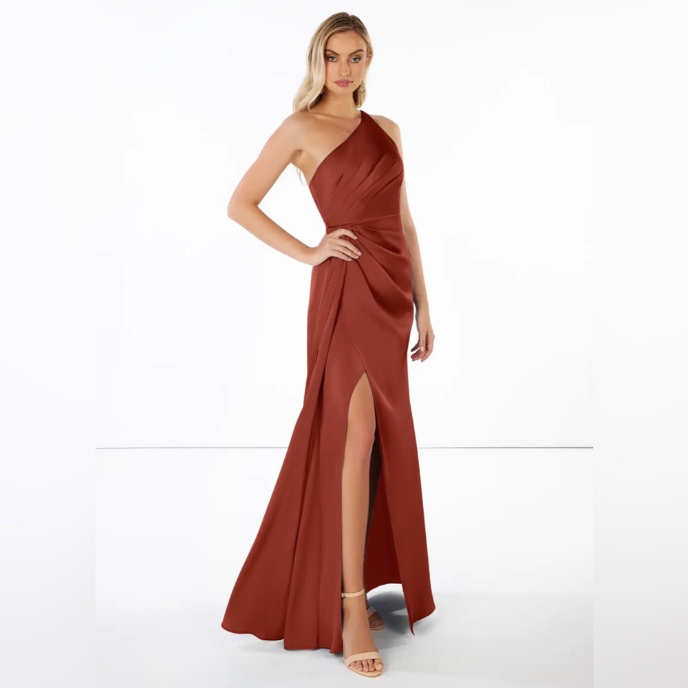 Azazie One-Shoulder Rust Evening Gown - Picture 2 of 7